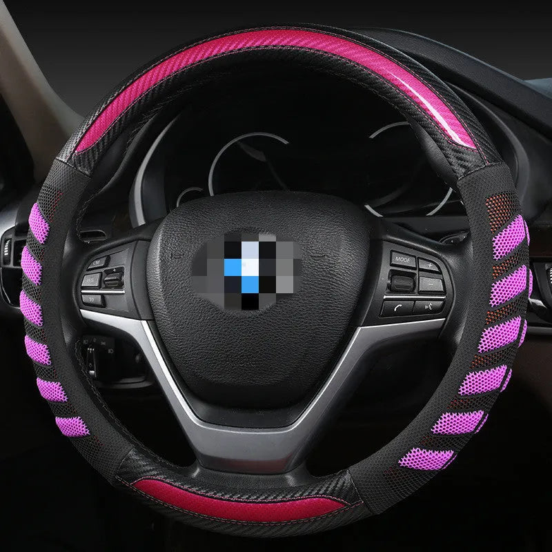 D-type steering wheel cover with 3D honeycomb pattern in carbon fiber fabric, fits 38cm wheel