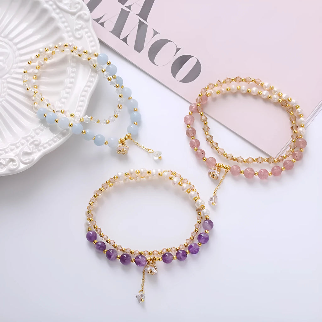Women's double ring crystal bracelet in choice of strawberry quartz, amethyst, or aquamarine colour