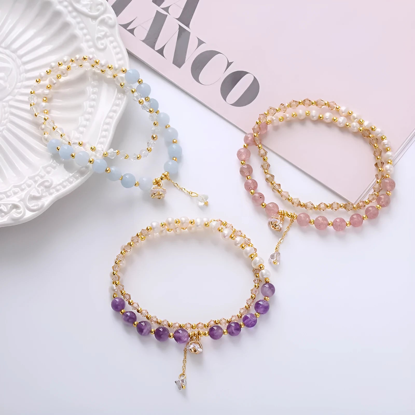 Women's double ring crystal bracelet in choice of strawberry quartz, amethyst, or aquamarine colour