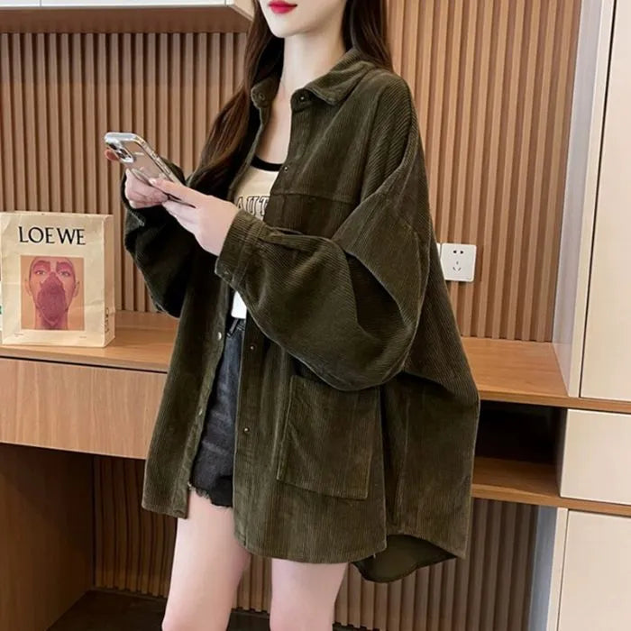 Loose corduroy shirt jacket in yellow, apricot or green, long sleeve cardigan style, sizes M to XXL.