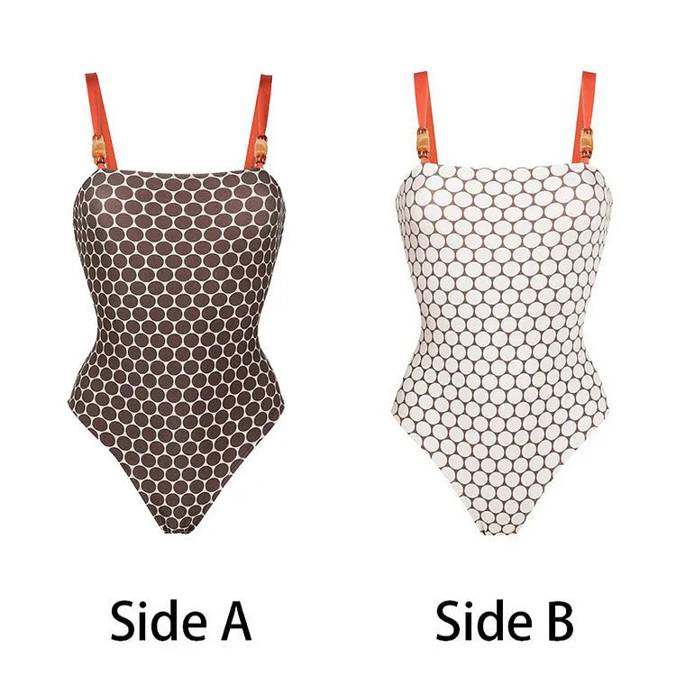 Women's one-piece swimsuit with matching wrap skirt in dot pattern design