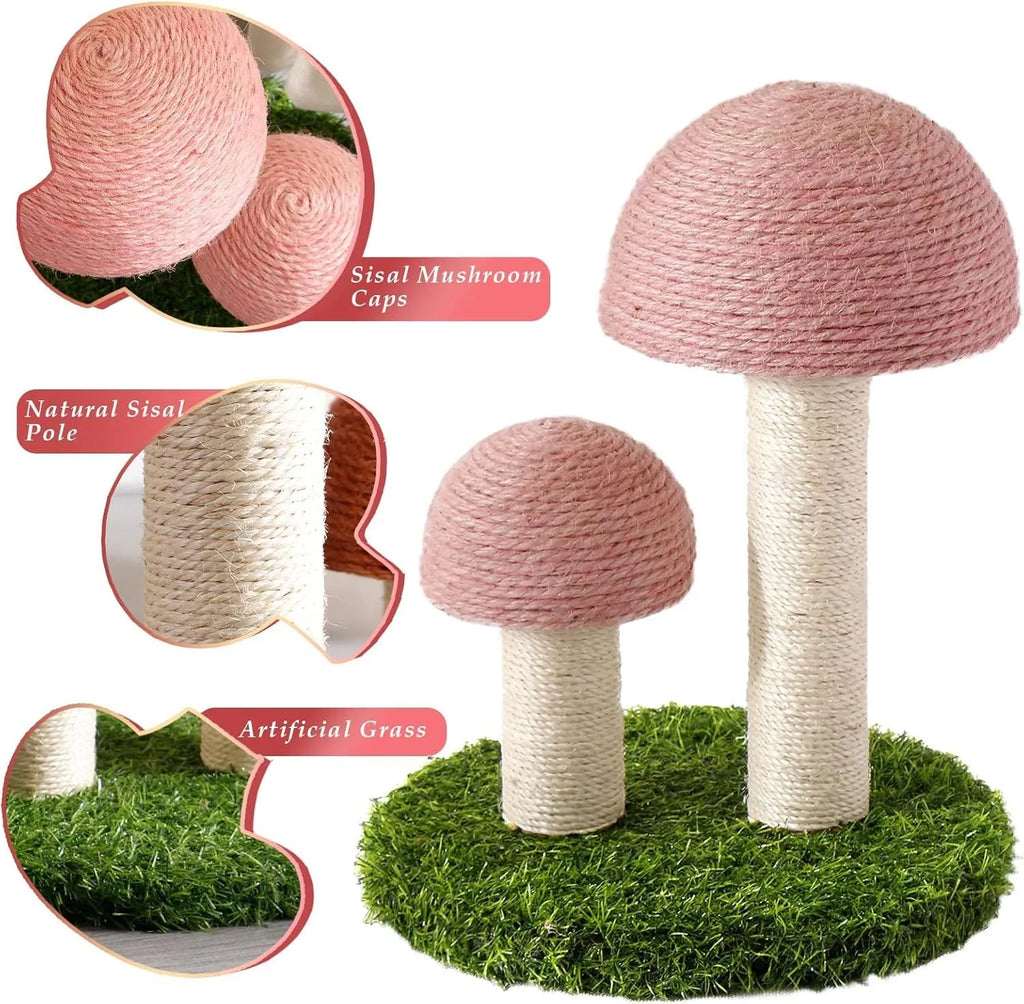 Pink mushroom-shaped cat scratching post with natural sisal caps and pole