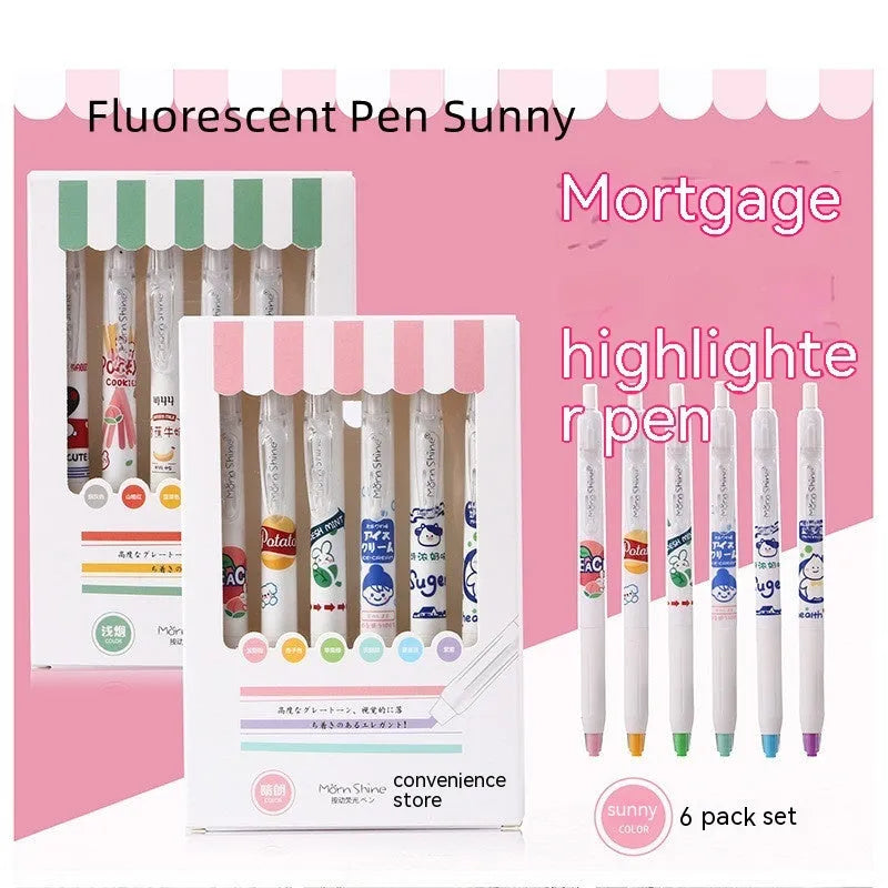 Six fluorescent highlighters in assorted neon colours with oblique tips in a cardboard box