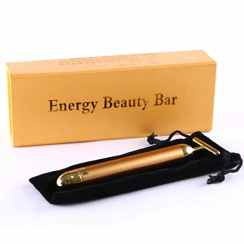 24K gold vibration pulse facial beauty bar for skin firming and wrinkle reduction, showing a stick massager with gold head
