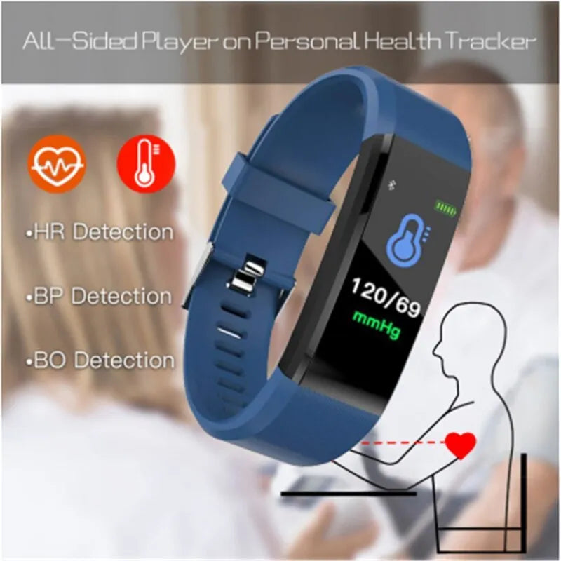 115plus smart wristband with 0.96in colour screen, TPU strap, heart rate monitor, available in black, blue, green, purple, red