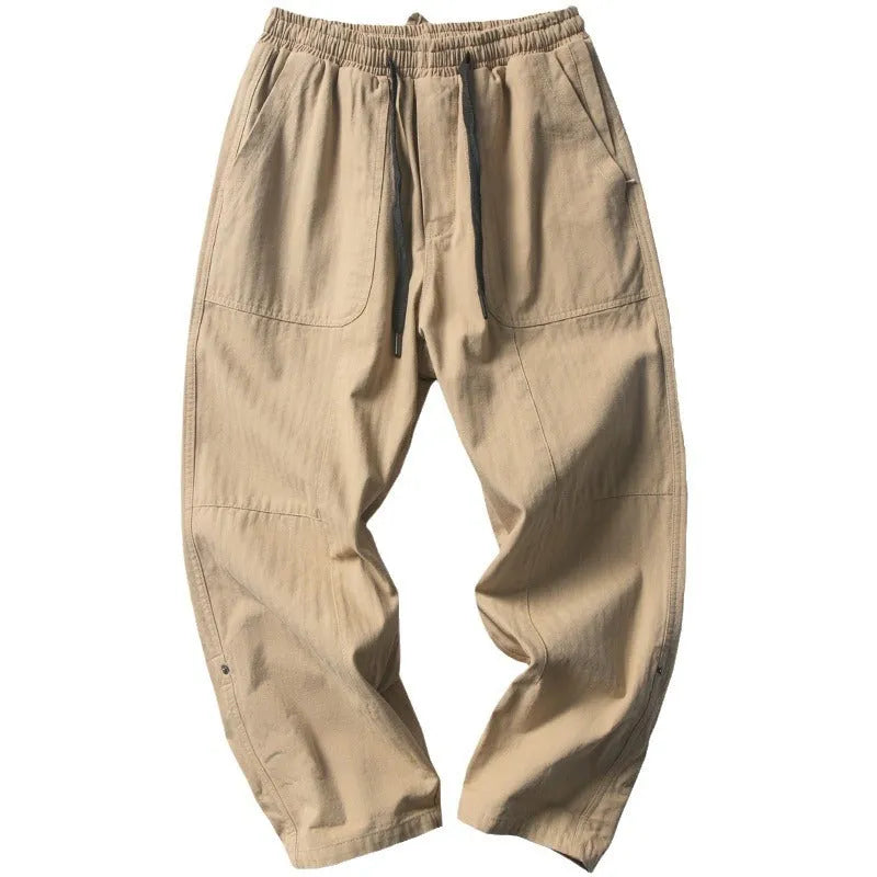Men's loose straight twill cargo pants in khaki and gray, drawstring waist, patchwork detailing, Japanese workwear style