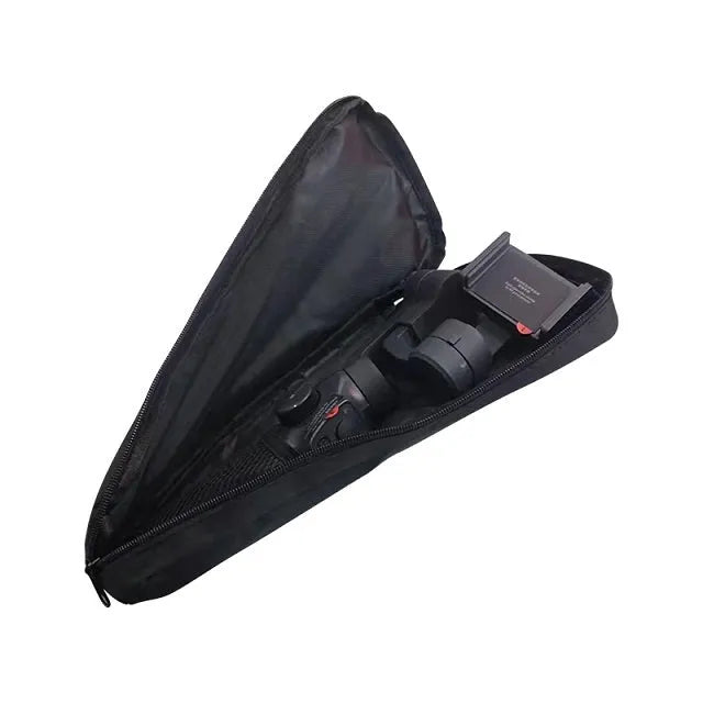 Black cloth storage bag for mobile phone stabilizer, open to show padded foam interior and dual zippers.