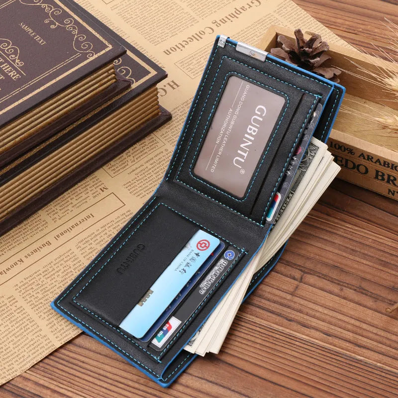 PU leather man wallet in black with blue edge, showing card slots and bill compartments