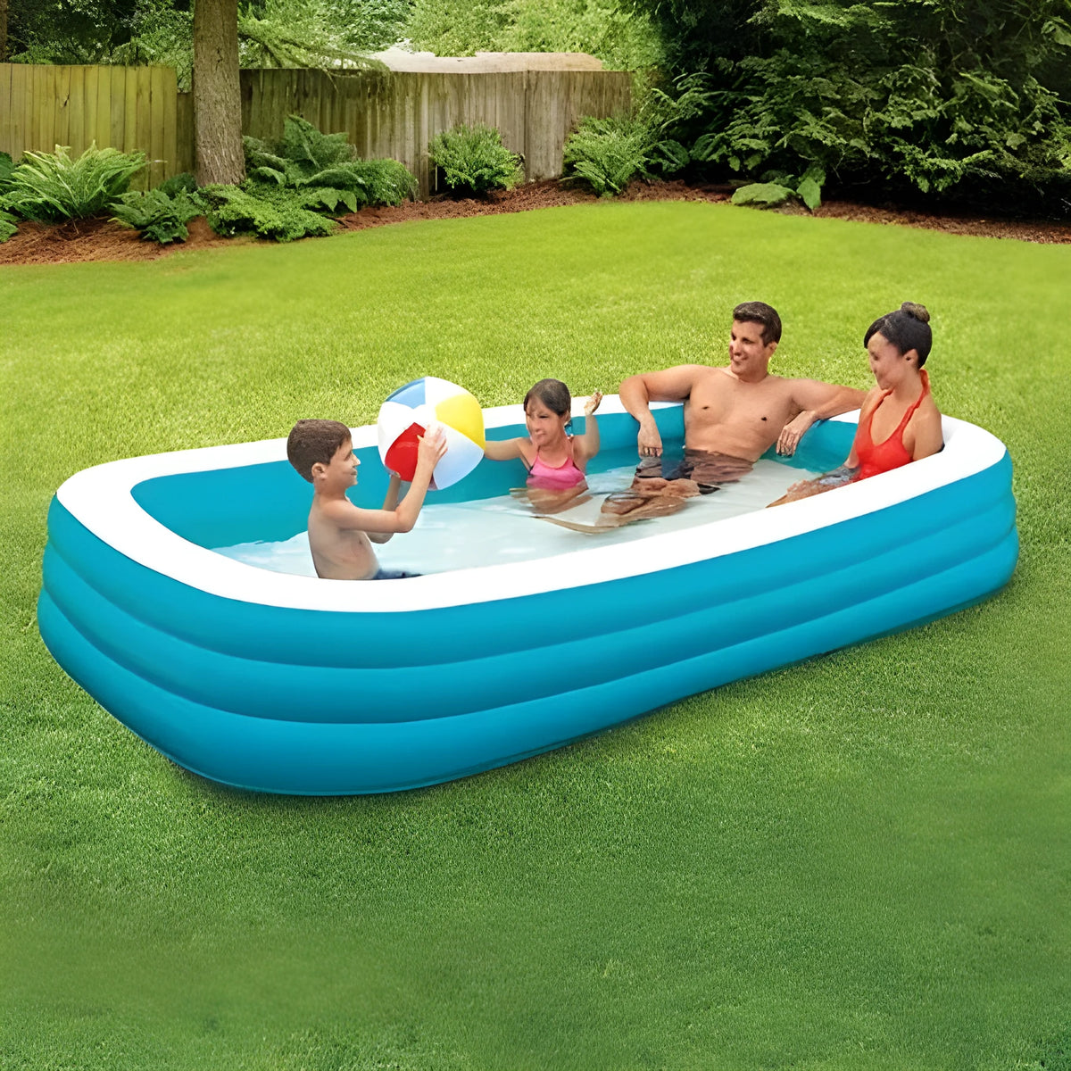 Rectangular inflatable kiddie pool, blue and white PVC, 150cm x 110cm x 50cm, with green base for outdoor summer play