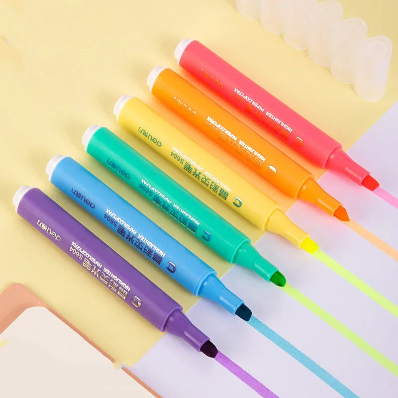 Deli S605 highlighter pen set showing six macaron coloured pens with oblique fibre nibs
