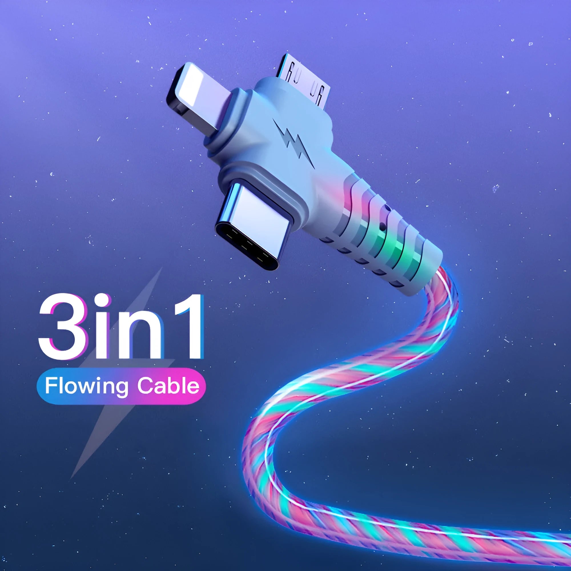 Luminous three-in-one fast charging cable with aluminium alloy connectors for USB C and Micro USB devices.