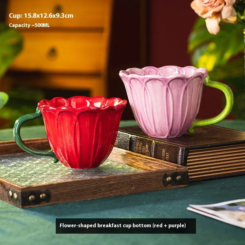 Ceramic breakfast cup with floral pattern, 500ml capacity, in red, purple, or mixed set colours.