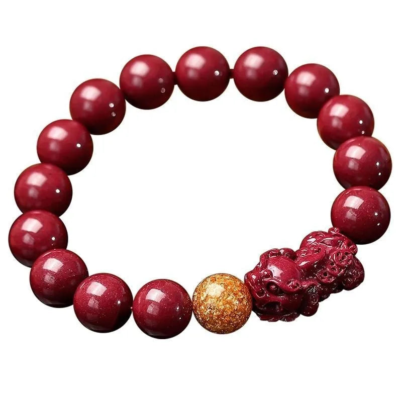 Purple Gold Sandstone cinnabar bracelet with zodiac totem design, showing 10mm bead size.