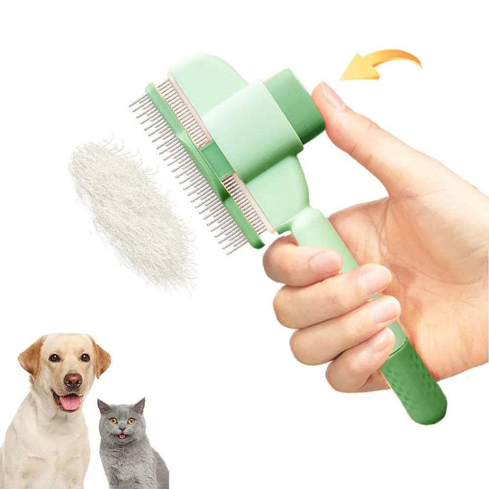 Yellow self-cleaning pet comb with stainless steel teeth and release button