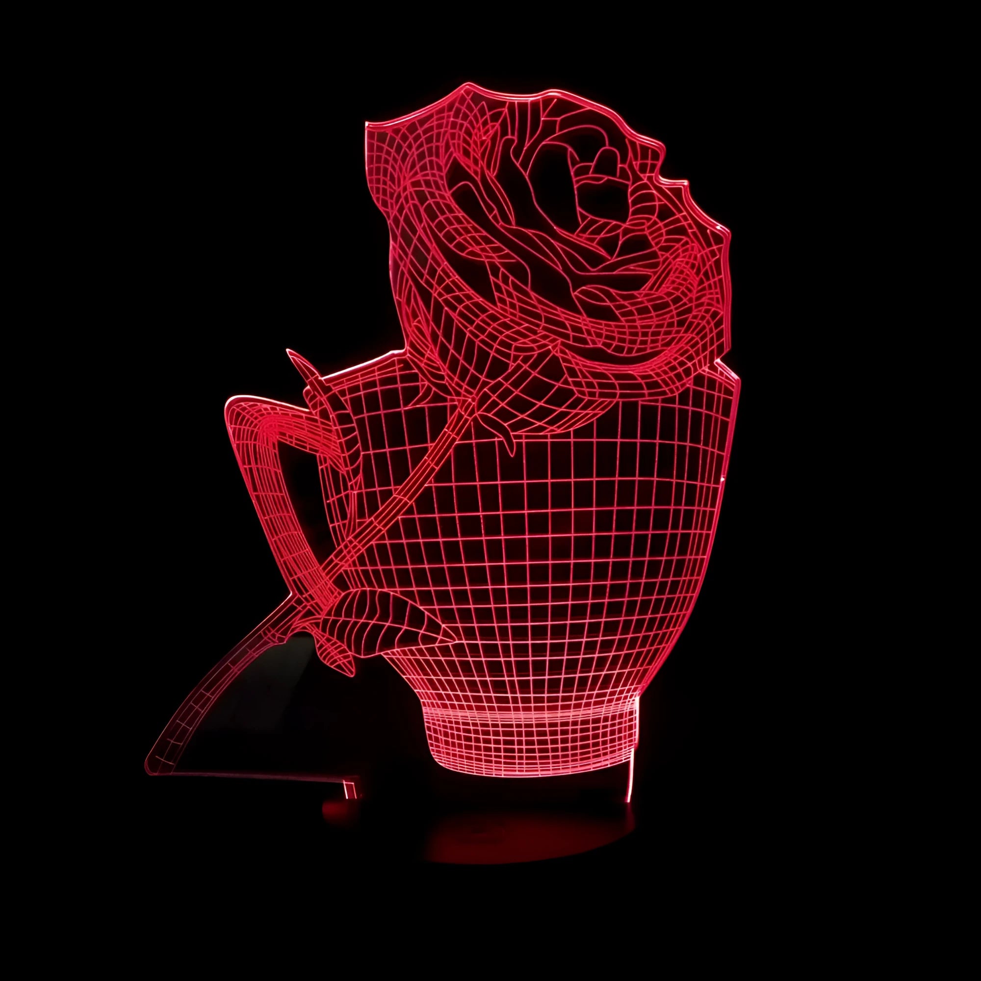 3D rose flower design LED night light on a black ABS base with USB cable and remote control.