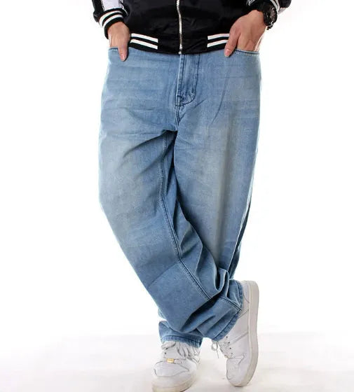 GAME TIME men's hip-hop jeans in light blue, loose straight leg cut, plus size, cotton with embroidery and wash detail