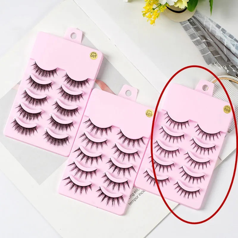 Manga cosplay false eyelashes in natural wispy styles 007, 008, and 009 with black plastic terriers