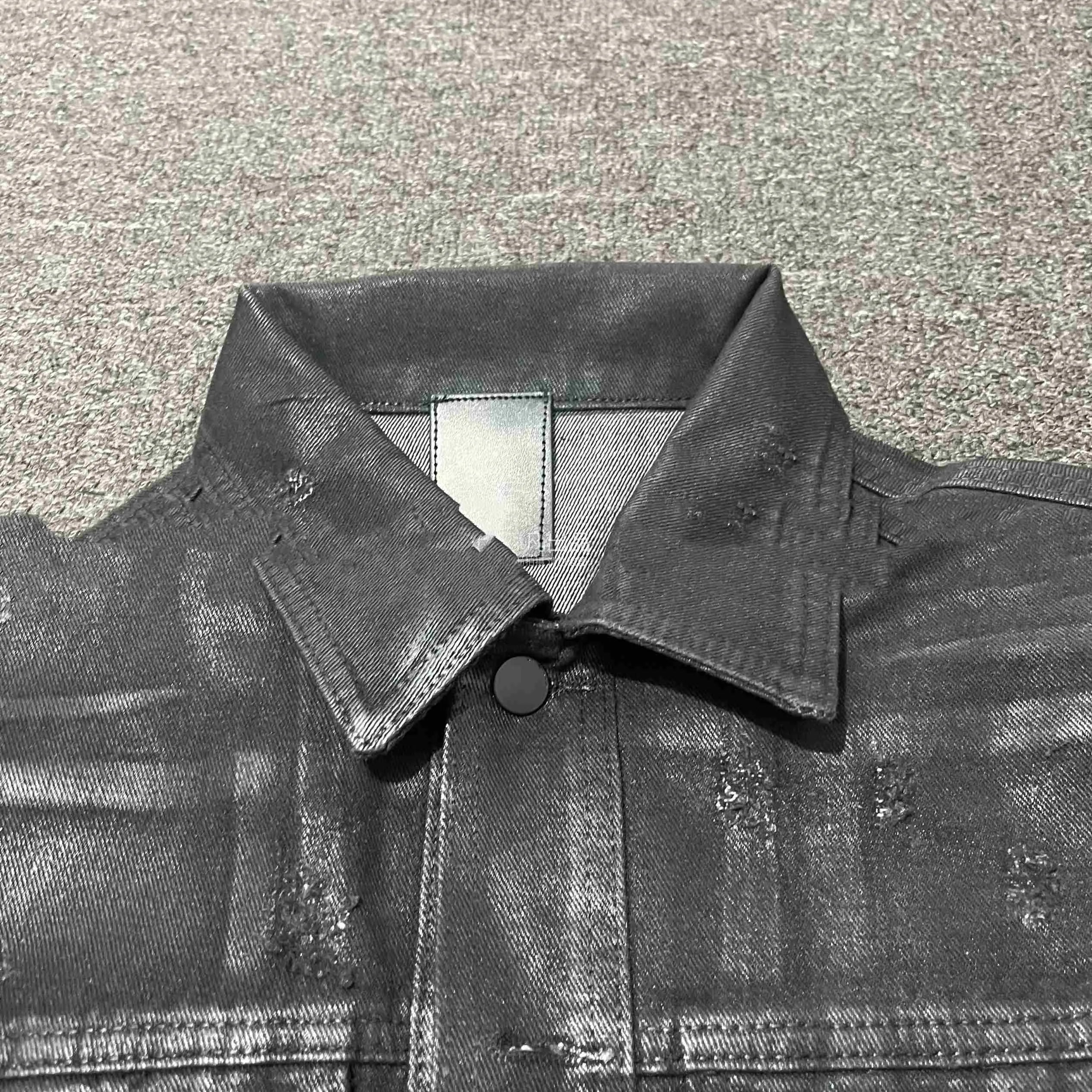 Denim coat archive short slim jacket in black polyester with lapel collar and long sleeves