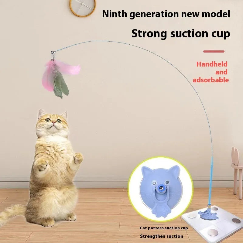 Cat teasing stick with suction cup holder, long brush handle, and bell attachment in various colour options
