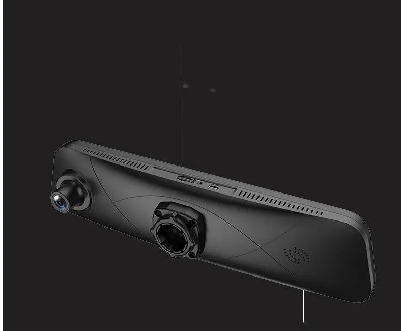 Black car dash cam with touch screen display, mounted on a windscreen.