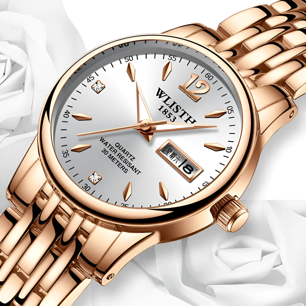 WLISTH women's rose gold stainless steel dress watch with week and date display on white background