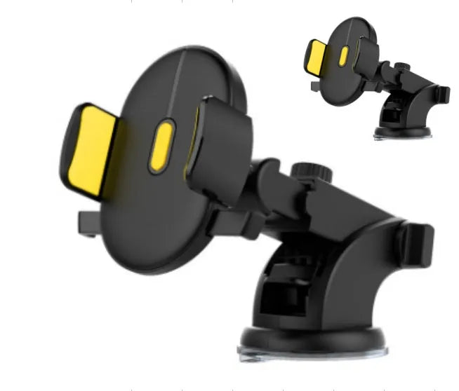 Yellow and black telescopic car phone holder with suction cup extended on a car dashboard.