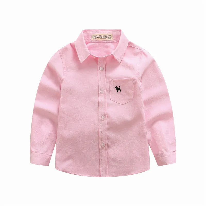 Boy's blue long sleeve cotton shirt with a lapel collar on a hanger.