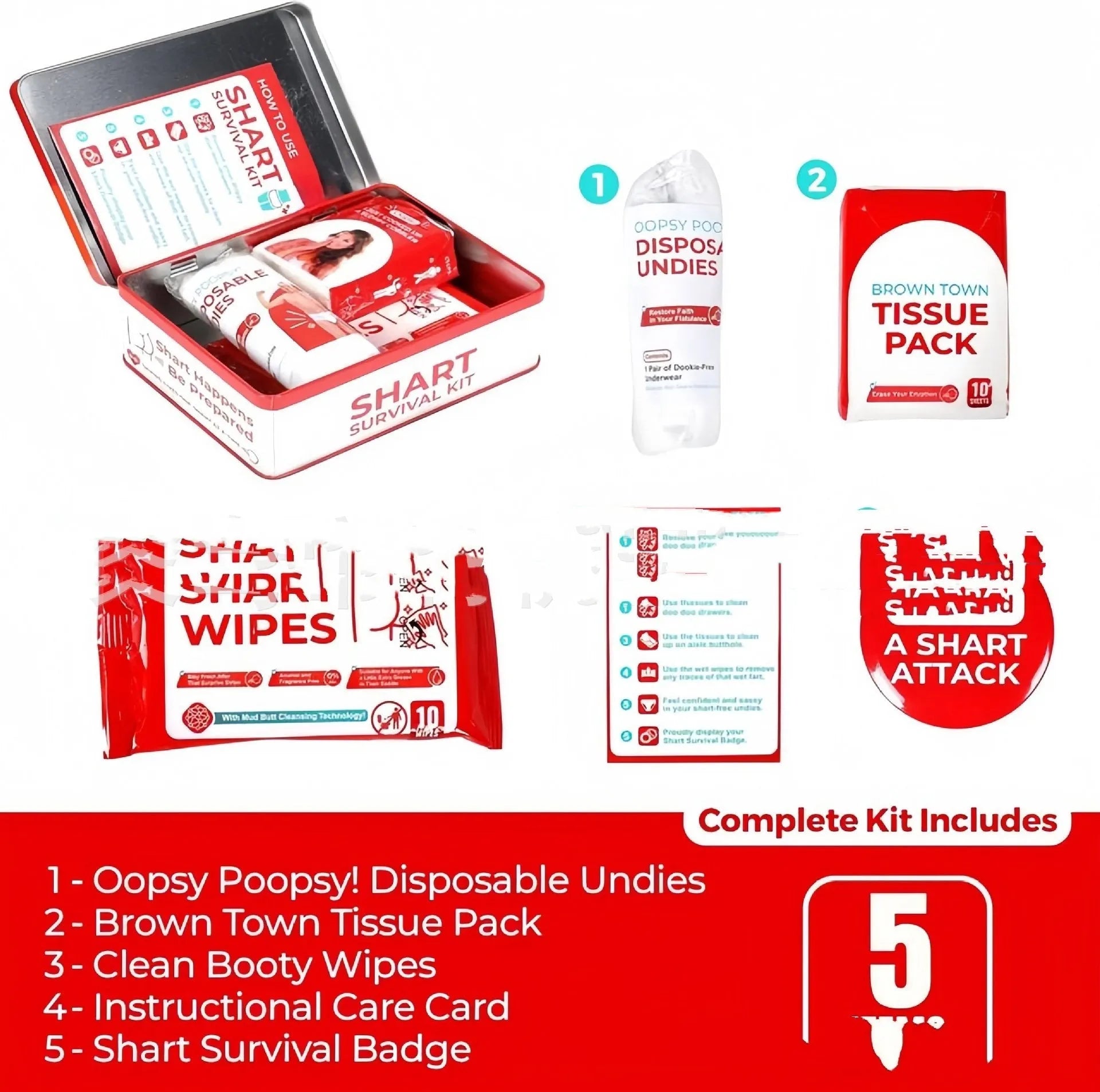 Poop survival kit gift set in aircraft box with wet wipes, dry wipes, and disposable underwear