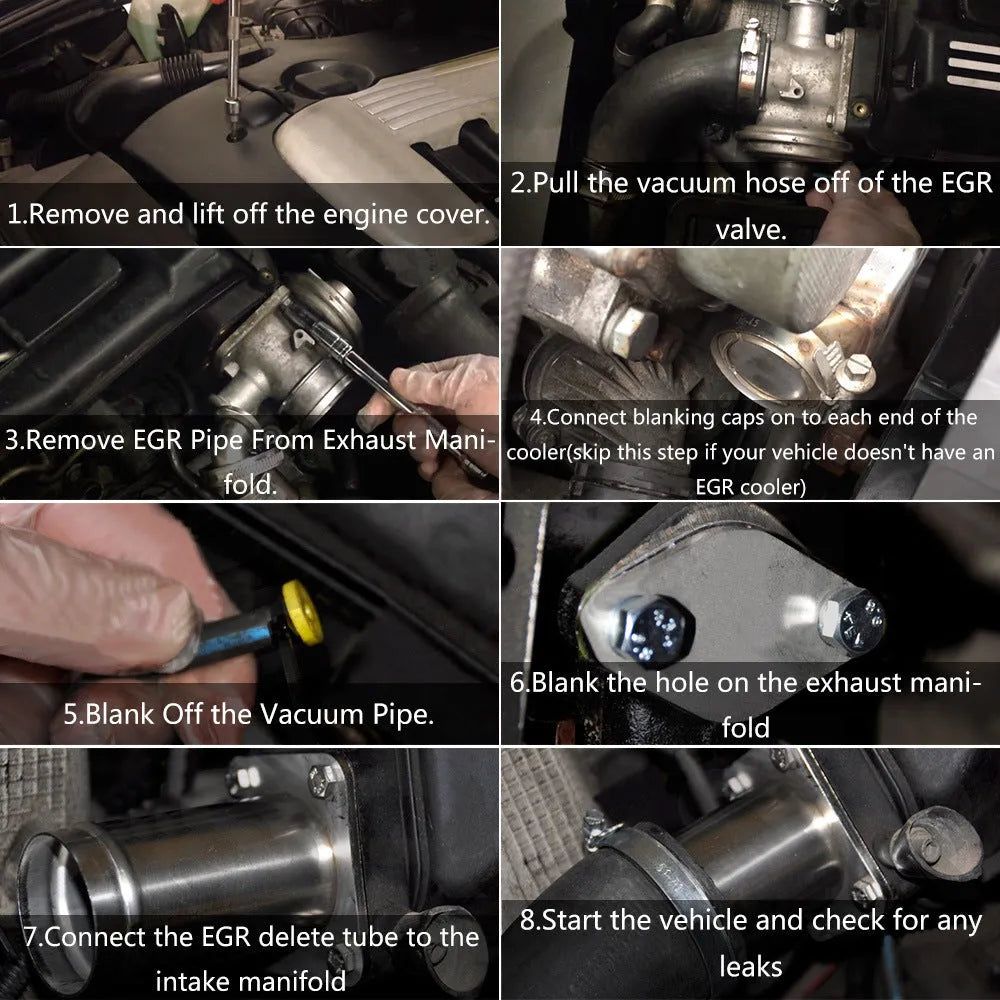 BMW E46 diesel EGR delete kit showing removal tube, blanking plates, vacuum plug, bolts, washers, and cable ties