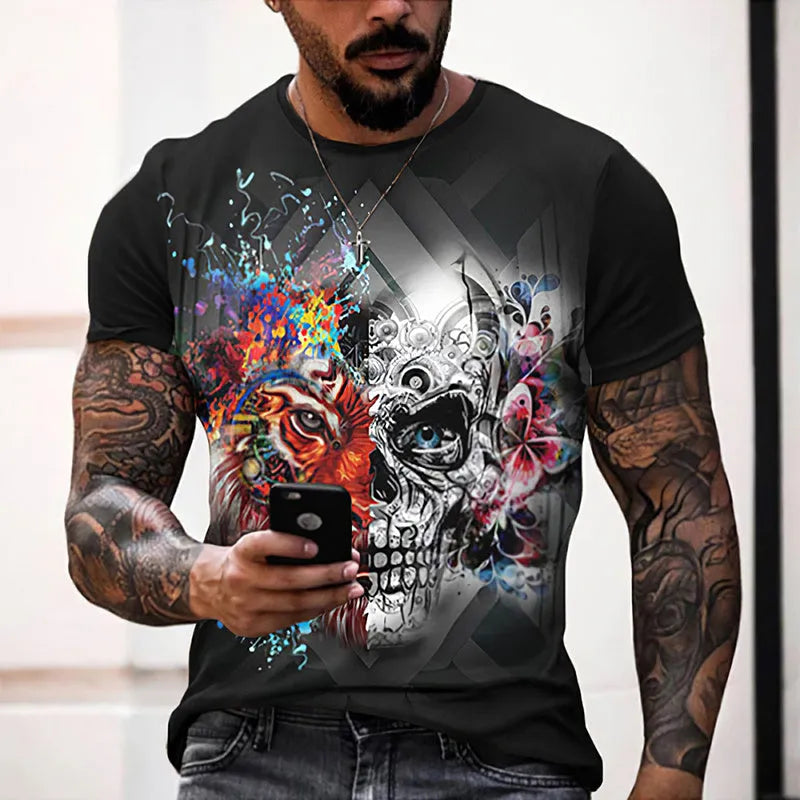 Men's short sleeve T-shirt with 3D skull full-body print, polyester milk silk, round neck, sizes S to 6XL