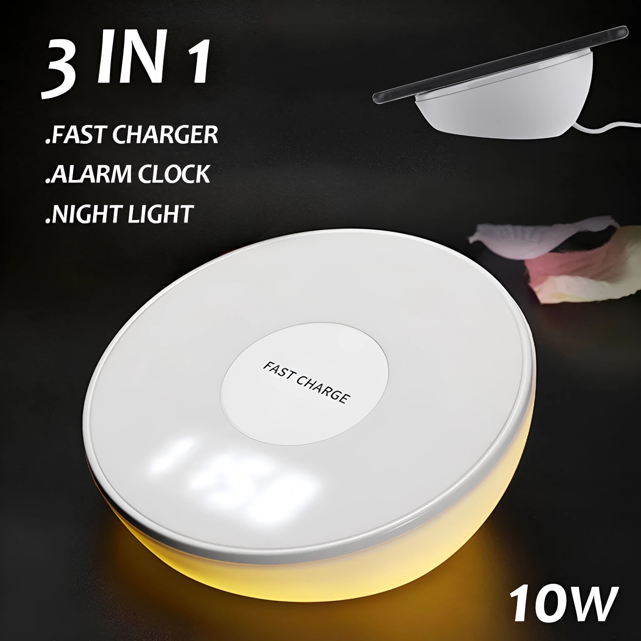 White wireless charging pad with digital clock display and night light, shown on a wooden surface.