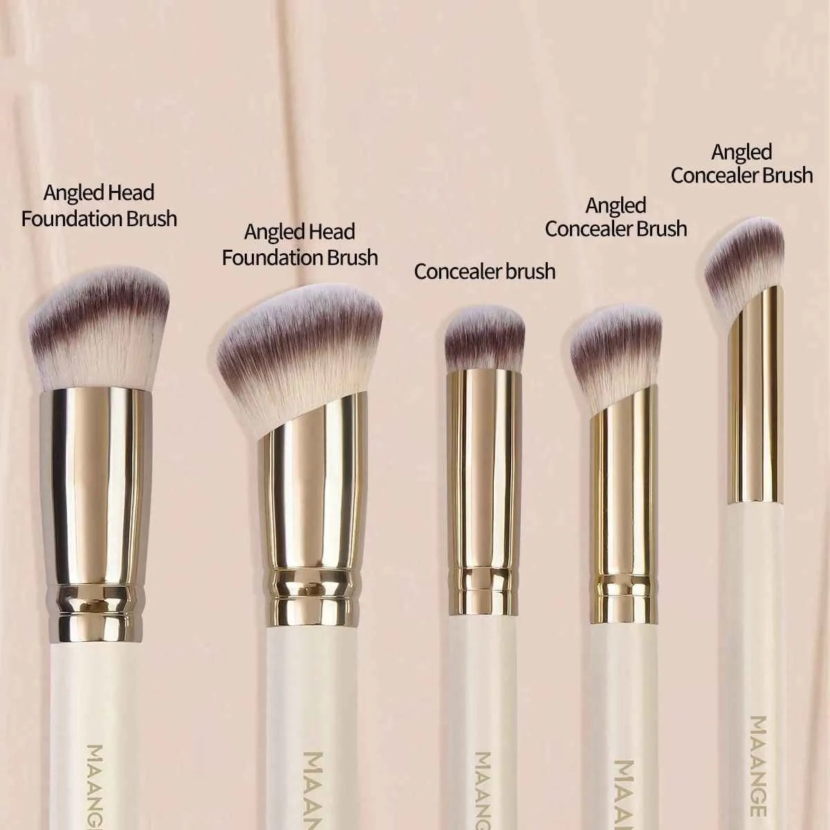 MAANGE apricot coloured angled powder blusher brush set with synthetic bristles