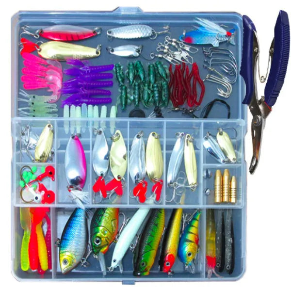 132-piece rose red treasure fishing lure suit with soft baits and high-carbon steel hooks in a storage case.