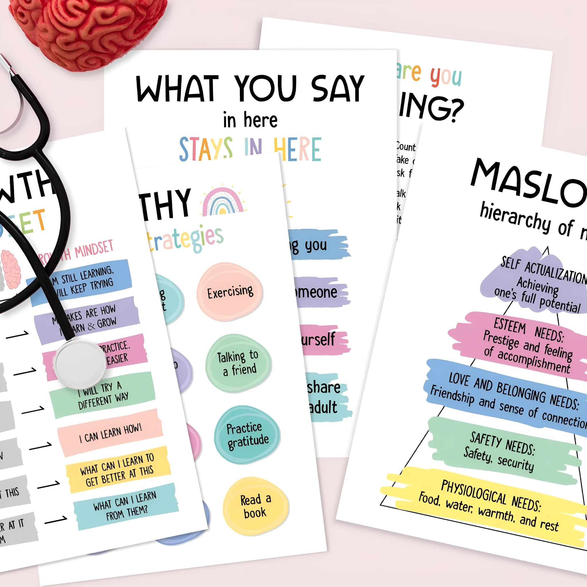 Twelve mental health posters on coated paper with bright film finish, 255x355mm size