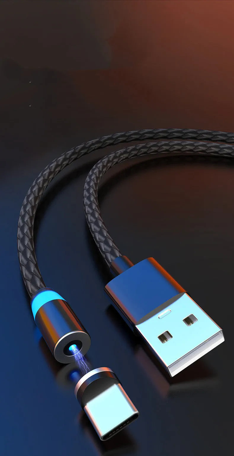Breathing light magnetic charging cable with LED indicator in multiple colour options, showing magnetic heads for Apple and Android devices.
