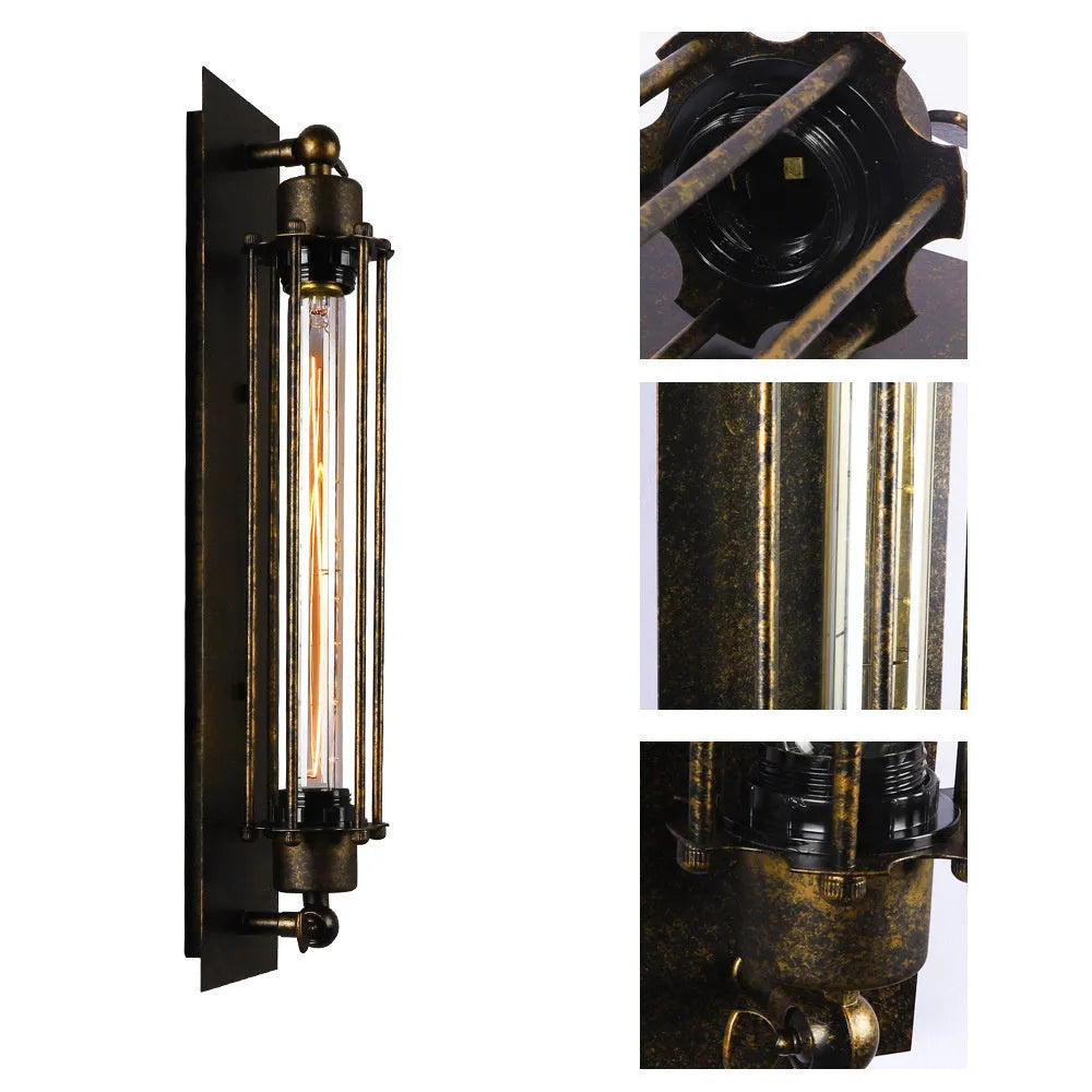 Retro industrial iron devil island flute wall lamp in black finish with visible metal shade