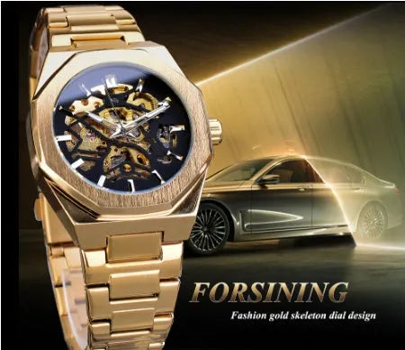 Mechanical automatic watch for men with skeleton dial, stainless steel case, genuine leather band, 41mm