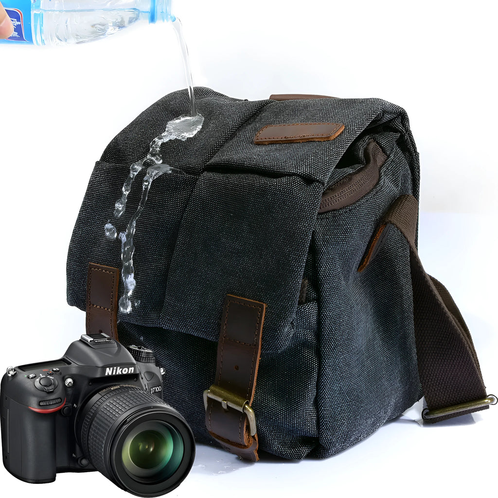 One-shoulder retro waterproof canvas camera bag for Canon SLR in dark grey with side pocket