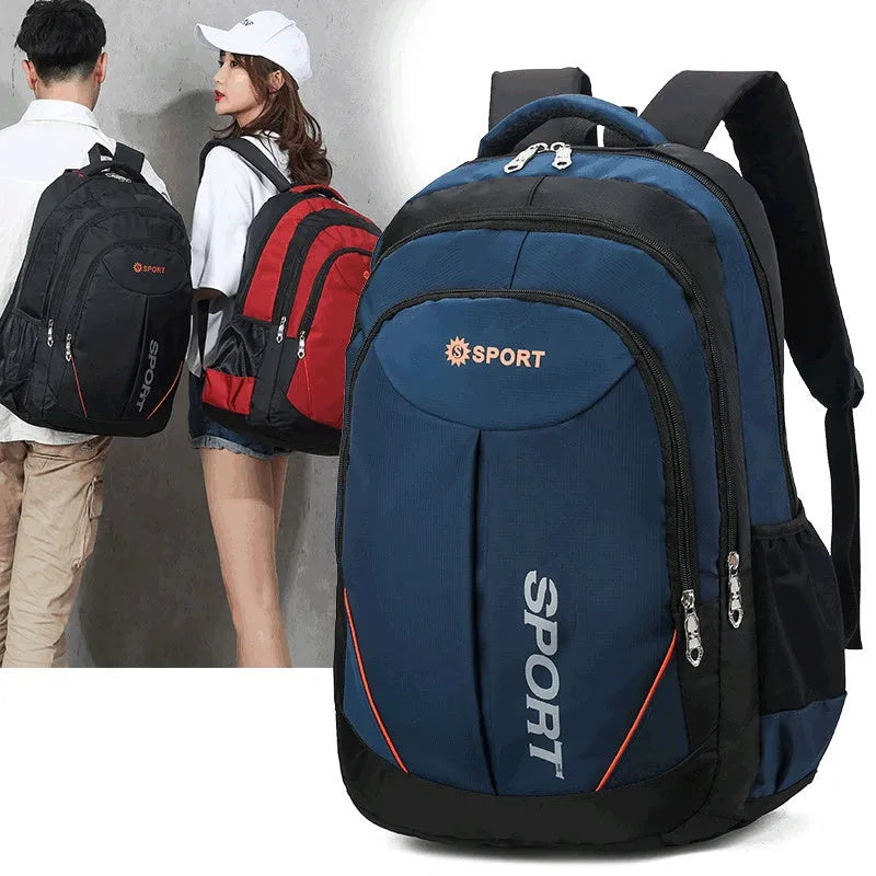 Men's nylon backpack with curved shoulder straps in black, blue, grey or red with letter detailing