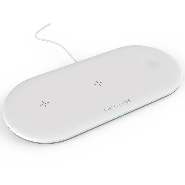 Black three-in-one wireless charging station for Apple Watch, mobile phone and earbuds on a desk