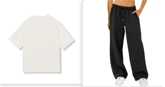 Loose fit combed cotton short sleeve top and pants set in solid colour with drop shoulder design