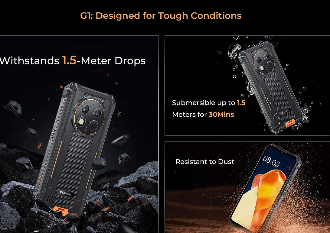 OUKITEL G1 mobile phone in grey, green and orange colours with included charger