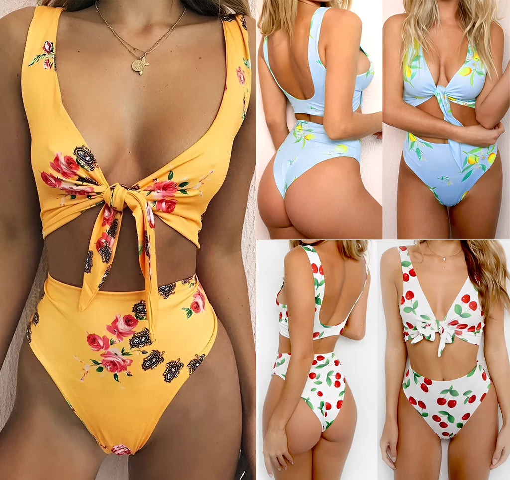 Knotted double-sided bikini swimsuit in polyester spandex, yellow flower orchid white flower, sizes L M S