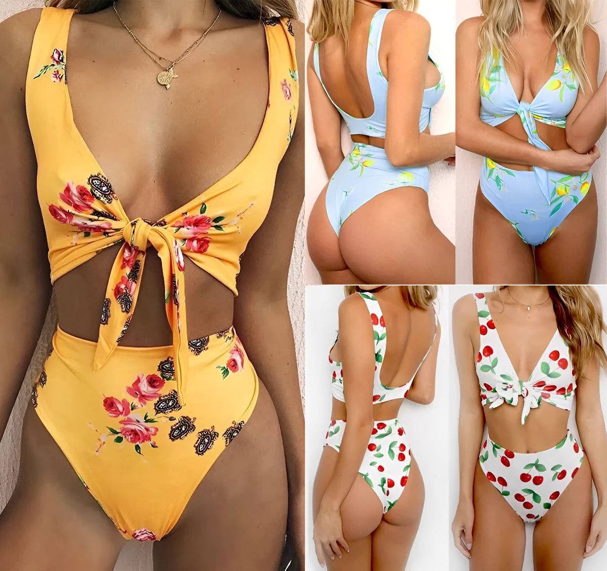 Knotted double-sided bikini swimsuit in polyester spandex, yellow flower orchid white flower, sizes L M S