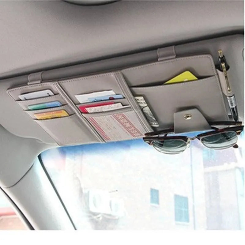 Car sun visor pocket organizer with acrylic plastic construction for storing cards and glasses