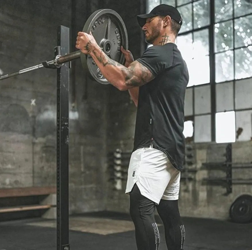 Mens plain cotton-spandex fitness shirt shown in multiple colour options including army green, black, and white.