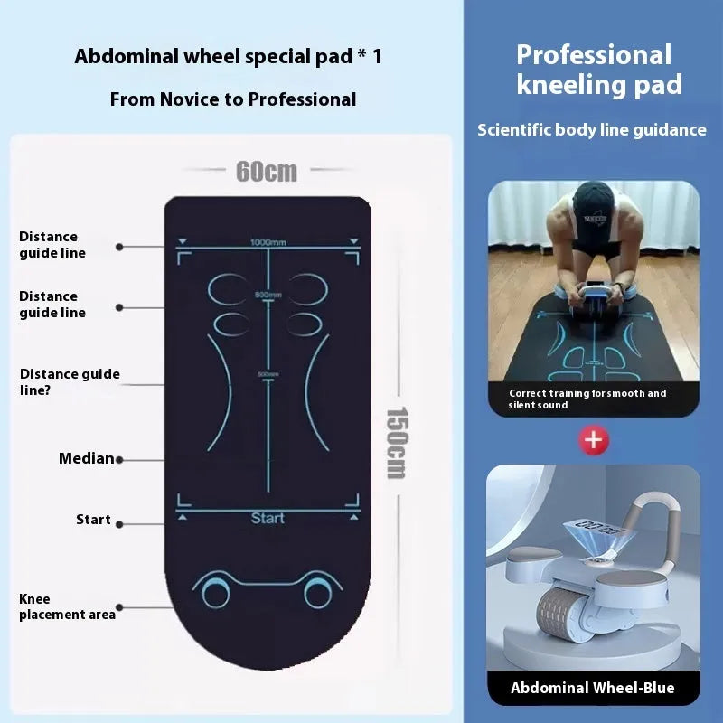 Blue abdominal exercise wheel with large padded elbow supports on a home floor.