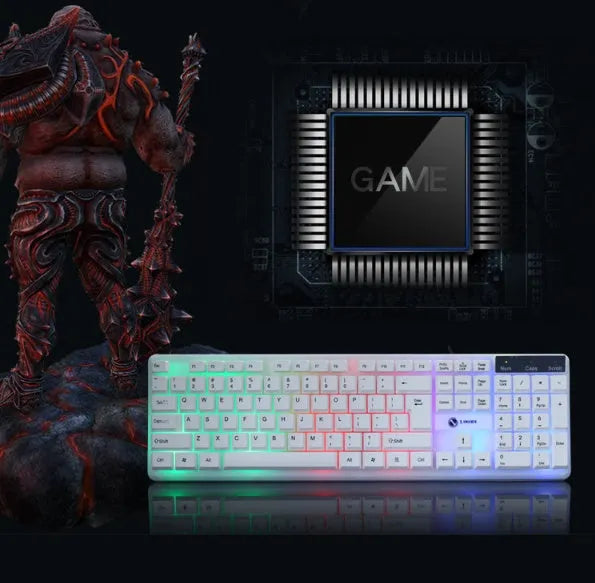 Wired gaming keyboard and mouse set with rainbow backlight and floating keys in black on a desk