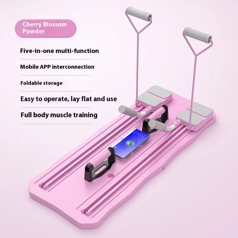 Blue multi-functional abdominal wheel fitness board on home floor for core exercises
