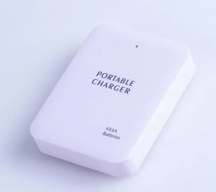 Black emergency USB power bank charger using 4x AA batteries with torch light switch
